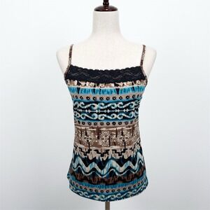 Clear Sky Top Womens M Brown Blue Geometric Lace Trim Cami Fairy Grunge Y2K USA
